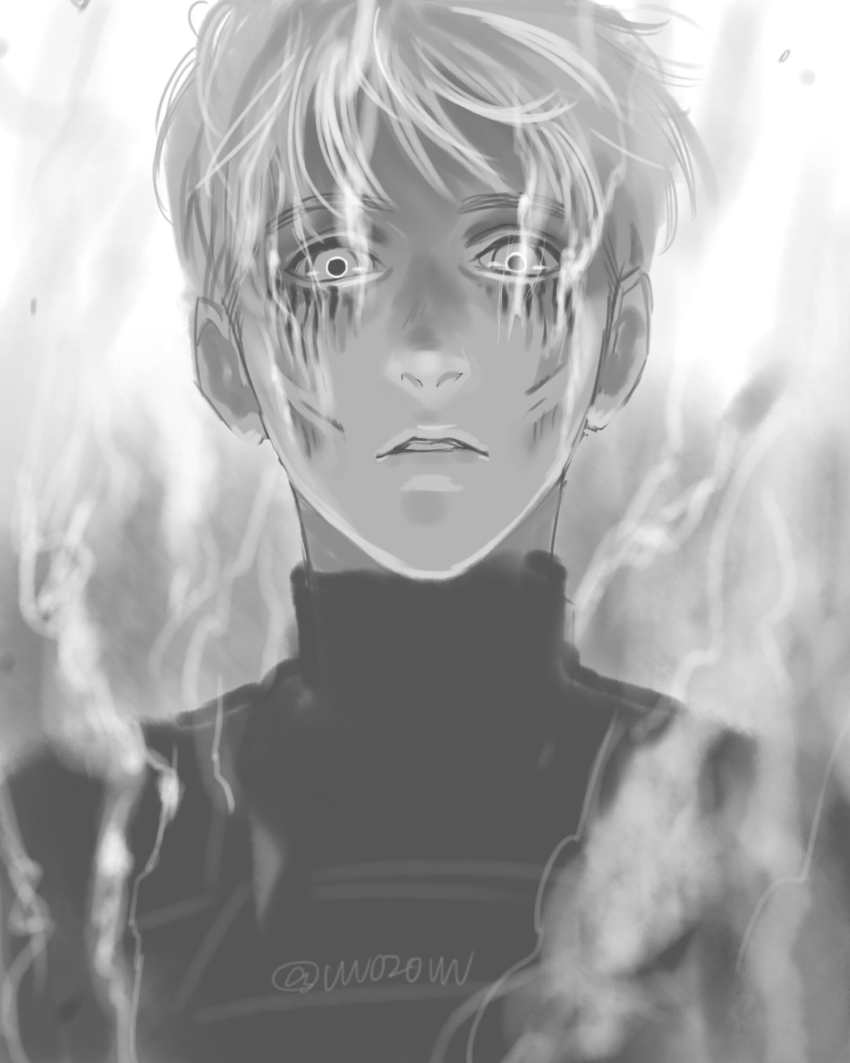 1boy armin_arlert black_bodysuit blonde_hair blue_eyes bodysuit facial_mark greyscale highres looking_at_viewer male_focus monochrome paradis_military_uniform scar scar_on_face shingeki_no_kyojin short_hair smoke solo titan_shifter_scars vvv020vvv