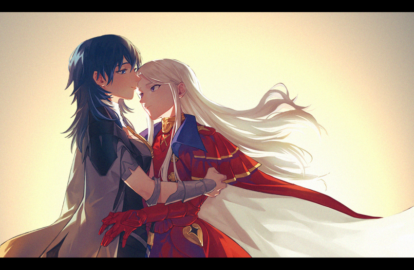 2girls arm_guards armlet blue_eyes breasts byleth_(female)_(fire_emblem) byleth_(fire_emblem) cape closed_mouth collared_cape commentary_request couple dress edelgard_von_hresvelg fire_emblem fire_emblem:_three_houses from_side gradient_background green_hair grey_jacket hair_between_eyes hair_flowing_over high_collar hug jacket jacket_on_shoulders jewelry light_smile long_dress long_hair long_sleeves looking_down looking_up medium_breasts multiple_girls nintendo parted_bangs purple_eyes red_dress shade short_sleeves soramame_(corndog) standing wavy_hair white_hair yuri