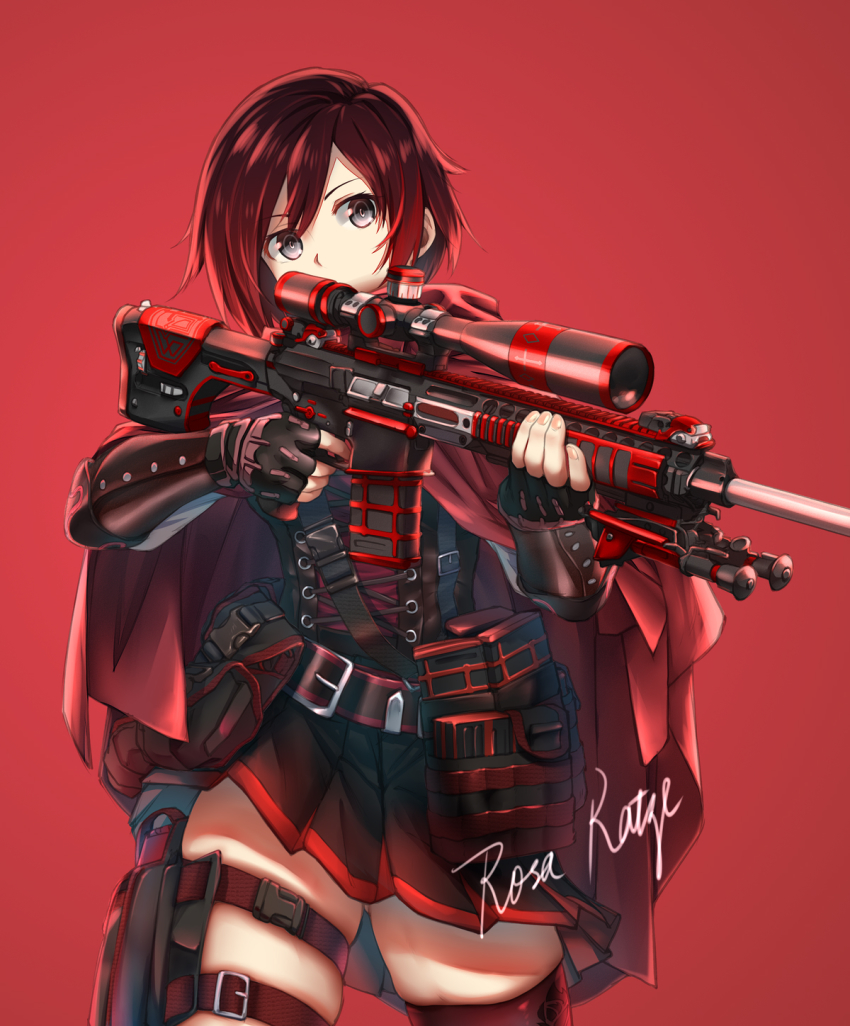 1girl aiming belt bipod black_hair cloak unworn_cloak finger_on_trigger fingerless_gloves gloves grey_eyes gun highres pouch red_hair rifle rosa_katze rosakatze ruby_rose rwby short_hair skindentation skirt sniper_rifle scope thigh_strap thighhighs thighs weapon