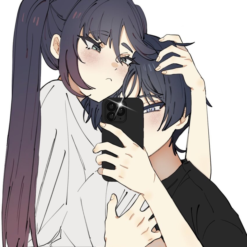 1boy 1girl alternate_costume alternate_universe black_eyes black_hair black_shirt blunt_bangs blunt_ends blush cellphone closed_mouth contemporary couple eyelashes flashing genshin_impact grabbing_another&#039;s_arm gradient_hair grey_eyes hair_between_eyes hand_in_another&#039;s_hair hand_on_another&#039;s_head head_on_another&#039;s_shoulder hetero holding holding_phone long_hair looking_at_phone mona_(genshin_impact) multicolored_hair parted_bangs phone pink_hair possessive scaramouche_(genshin_impact) shirt short_eyebrows side_ponytail sidelocks upper_body white_shirt ysnden