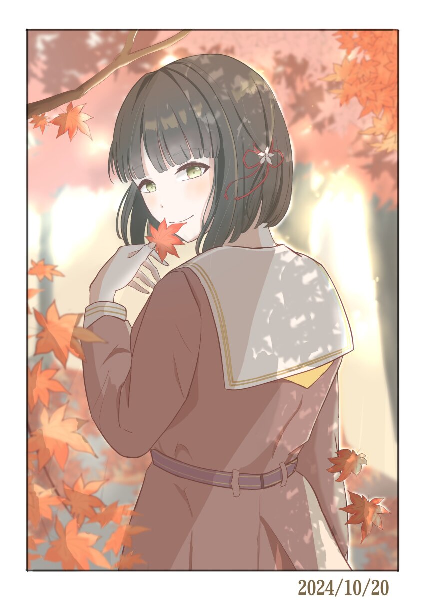 1girl absurdres autumn_leaves black_hair blunt_bangs blunt_ends blurry blurry_background blush border brown_dress caricariume closed_mouth commentary_request dated dress falling_leaves flower flower_knot green_eyes hair_flower hair_ornament hasu_no_sora_school_uniform highres holding holding_leaf leaf link!_like!_love_live! long_sleeves looking_at_viewer looking_back love_live! momose_ginko neckerchief pleated_dress sailor_collar sailor_dress school_uniform short_hair smile solo split_mouth virtual_youtuber white_border white_sailor_collar winter_uniform yellow_neckerchief