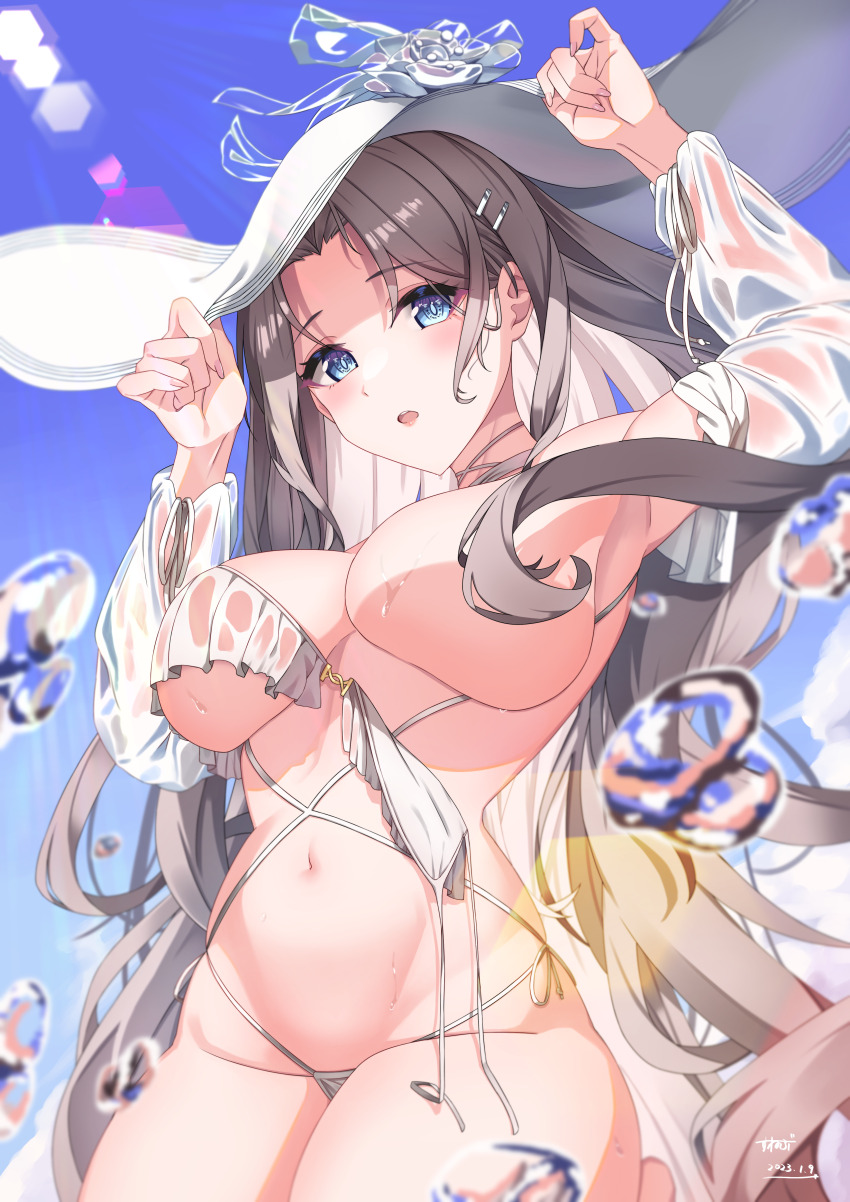 1girl absurdres azur_lane bikini blue_eyes blue_sky blush breasts covering_privates covering_breasts grey_hair hair_ornament hairpin hat highres large_breasts long_hair navel open_mouth see-through_clothes see-through_sleeves sky string_bikini sun_hat sunebu_(snake_boo2) surprised swimsuit thighs wardrobe_malfunction white_bikini yorktown_(azur_lane) yorktown_ii_(azur_lane) yorktown_ii_(bright-sky_mermaid)_(azur_lane)