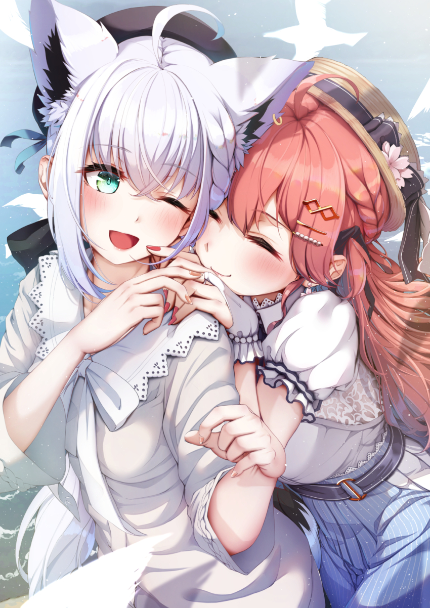 2girls ahoge animal_ears aqua_eyes beach belt bird black_belt blue_skirt blush braid cheek_poking closed_eyes dress fox_ears fox_girl hair_ornament hairclip hat highres hololive imo_bouya long_hair long_sleeves looking_at_viewer multiple_girls official_alternate_costume one_eye_closed open_mouth pink_hair poking puffy_short_sleeves puffy_sleeves red_nails sakura_miko sakura_miko_(street) seagull shirakami_fubuki shirakami_fubuki_(street) short_dress short_sleeves skirt smile straw_hat striped_clothes striped_skirt vertical-striped_clothes vertical-striped_skirt virtual_youtuber white_dress white_hair yuri