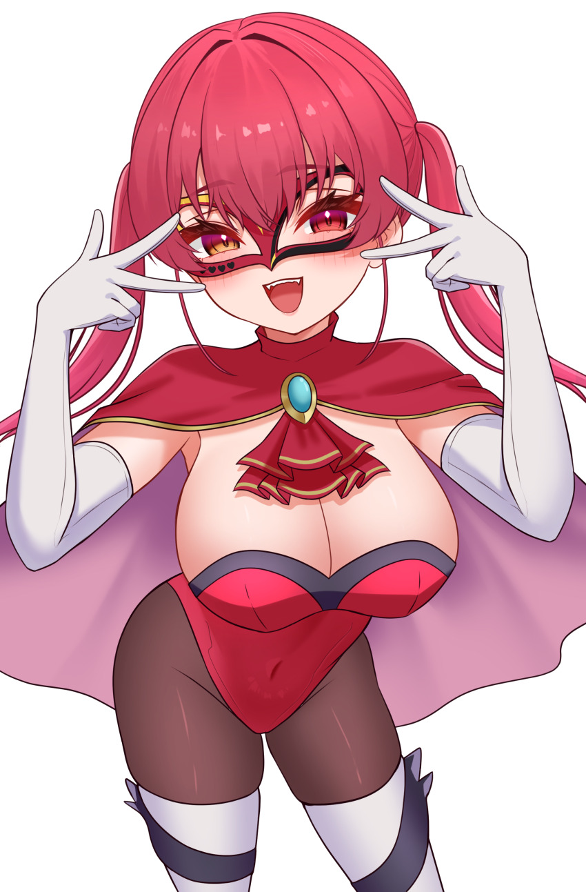 1girl absurdres black_pantyhose blush breasts cape cleavage elbow_gloves gloves heterochromia highres hololive houshou_marine how_about_paipai_mask?_(houshou_marine) large_breasts leotard long_hair looking_at_viewer official_alternate_costume open_mouth pantyhose red_cape red_eyes red_hair red_leotard red_mask teeth twintails upper_teeth_only virtual_youtuber white_background white_gloves yellow_eyes zakitaku8311