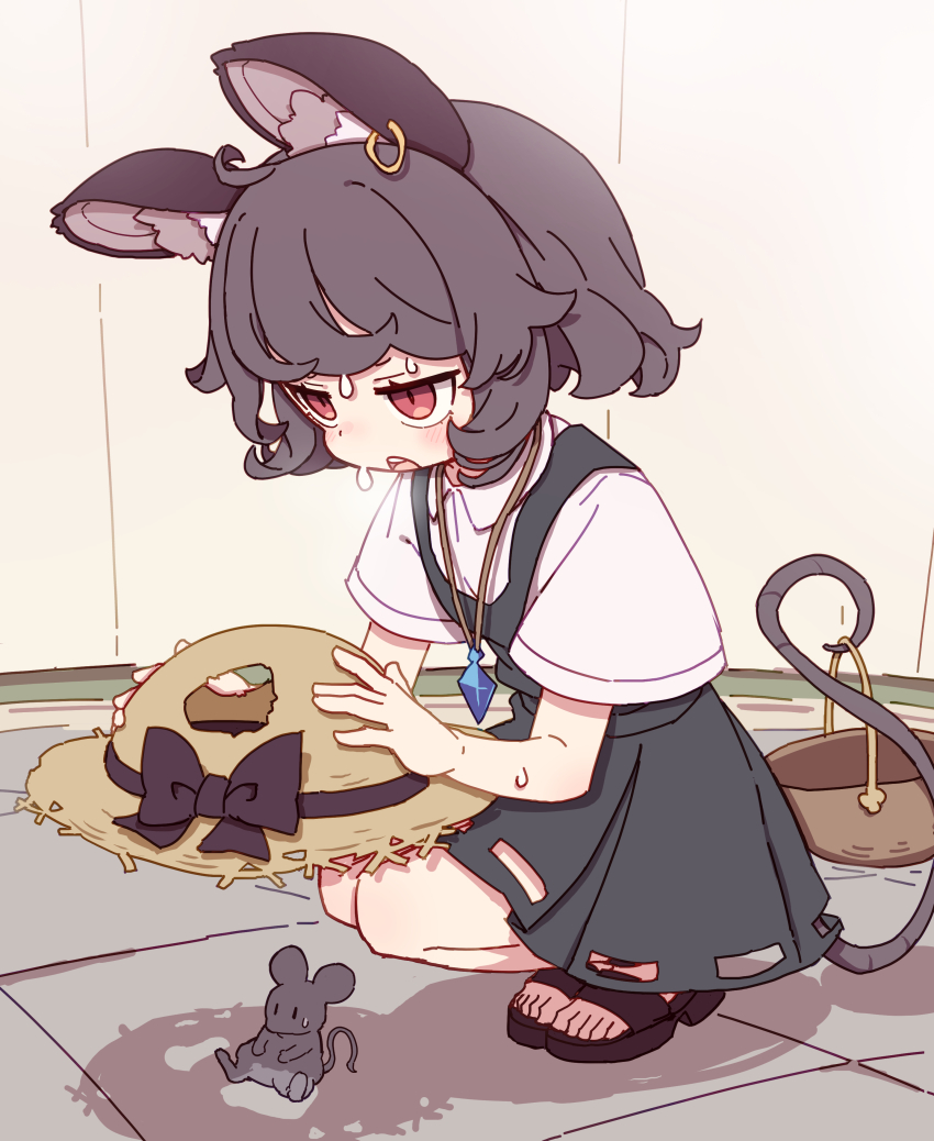 1girl absurdres animal_ears basket dress earrings grey_hair hat highres holding holding_with_tail jewelry kame_(kamepan44231) mouse_(animal) mouse_ears mouse_girl mouse_tail nazrin nazrin_day pendant pinafore_dress prehensile_tail shirt short_hair single_earring sleeveless sleeveless_dress solo straw_hat sweat tail touhou white_shirt