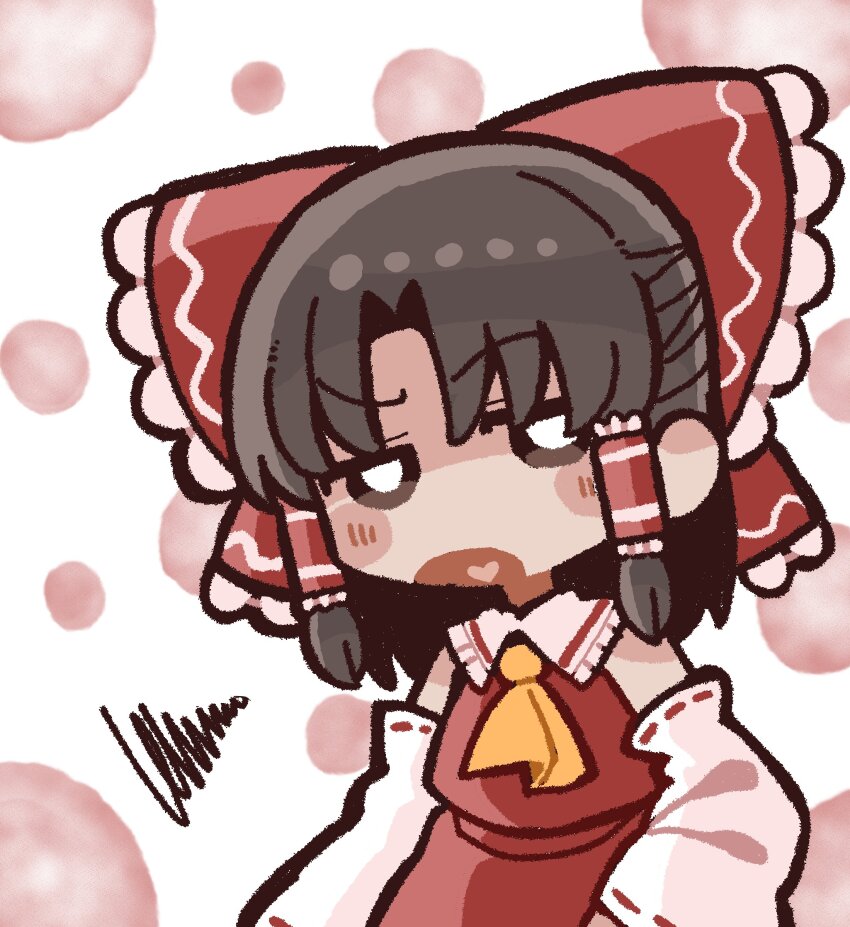 1girl absurdres bow brown_eyes brown_hair commentary_request detached_sleeves hair_bow hair_tubes hakurei_reimu heart heart_in_mouth henyomen highres jitome long_sleeves looking_to_the_side medium_hair open_mouth ribbon-trimmed_sleeves ribbon_trim sleeveless solo touhou