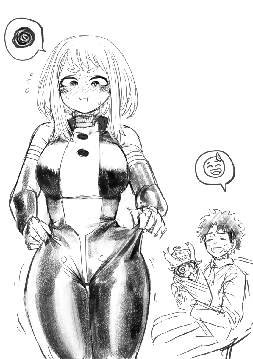 1boy 1girl 1other absurdres amano44 baby blush bodysuit boku_no_hero_academia breasts curvy freckles highres husband_and_wife large_breasts midoriya_izuku pout short_hair skin_tight spoken_emoji spoken_squiggle squiggle thick_thighs thigh_gap thighs uraraka_ochako wide_hips