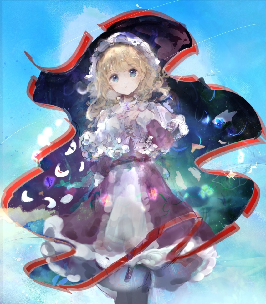 1girl :o blonde_hair blue_background blue_eyes blue_flower bonnet capelet collar commentary_request cross-laced_clothes dress flower frilled_capelet frilled_collar frilled_dress frilled_hat frills gap_(touhou) glowing_flower hand_on_own_chest hand_up hat head_tilt highres iris_(flower) long_dress long_sleeves looking_at_viewer maribel_hearn medium_hair mob_cap purple_dress purple_flower sidelocks solo touhou uwazumi white_capelet white_hat