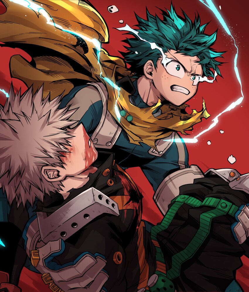 2boys angry aqua_eyes aqua_hair baggy_pants bakugou_katsuki belt black_pants blonde_hair blood blood_on_clothes blood_on_face blood_on_neck blue_bodysuit blue_gloves bodysuit boku_no_hero_academia buckle cape carrying carrying_corpse carrying_person chiyaya clenched_teeth corpse covered_eyes death electricity explosive feet_out_of_frame floating_cape floating_hair floating_tears freckles from_side furrowed_brow gloves grenade hair_over_eyes high_collar highres knee_pads leaning_forward looking_ahead male_focus midoriya_izuku multiple_boys official_alternate_costume on_one_knee pants parted_lips princess_carry profile short_hair sideways_mouth single_horizontal_stripe snap-fit_buckle spiked_hair spoilers teeth torn_cape torn_clothes upper_body v-shaped_eyebrows yellow_cape