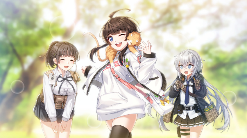 3girls absurdres ahoge belt blue_eyes blunt_bangs brown_hair cat cho_hojin counter:side gloves hair_ornament hairclip han_sorim highres holster long_hair multiple_girls necktie official_art ponytail skirt sparkling_eyes thigh_holster thighhighs utility_belt white_hair yang_harim