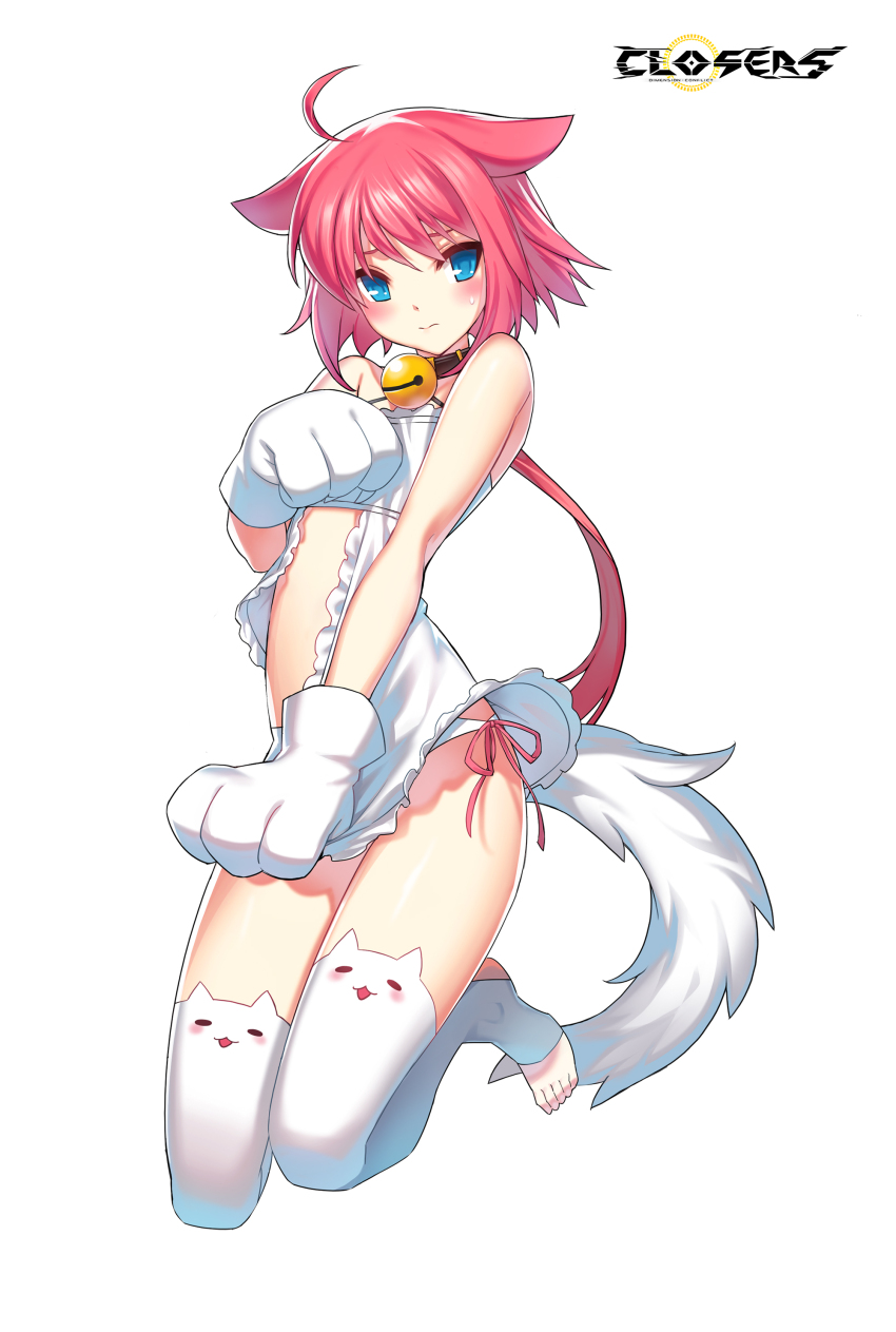 1girl :&gt; absurdres ahoge animal_ear_legwear animal_hands babydoll babydoll_tug bare_shoulders bell black_collar blue_eyes blush cat_ear_legwear cat_ear_thighhighs cat_tail cat_thighhighs closers collar copyright_name covering_breasts covering_privates criss-cross_halter embarrassed frilled_babydoll full_body gloves hair_flaps halterneck hand_on_own_chest hand_up highres jingle_bell kneeling logo long_hair looking_at_viewer low_ponytail neck_bell official_art panties paw_gloves pink_hair pink_ribbon ribbon seulbi_lee side-tie_panties simple_background solo stirrup_legwear sweat tachi-e tail thighhighs thighs toeless_legwear tug underwear white_babydoll white_background white_gloves white_panties white_tail white_thighhighs