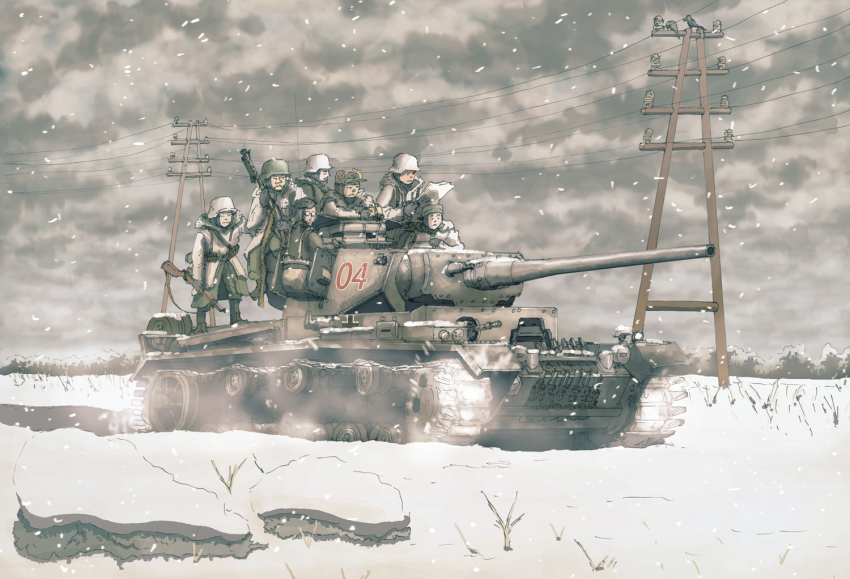 6+boys cloud day earasensha glasses gun machine_gun male_focus military military_vehicle motor_vehicle multiple_boys panzer_iii panzer_iii real_life rifle sky snow snowing tank weapon