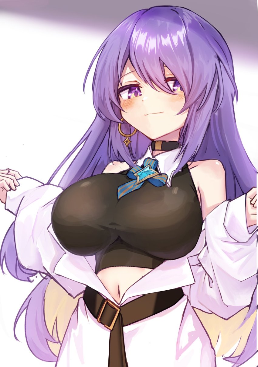 1girl belt black_belt black_shirt blonde_hair blush breasts collared_shirt colored_inner_hair earrings halter_shirt halterneck highres hololive hololive_indonesia jacket jewelry large_breasts long_hair looking_at_viewer moona_hoshinova mooninkyuu multicolored_hair navel off_shoulder purple_eyes shirt smile solo very_long_hair virtual_youtuber white_background white_jacket