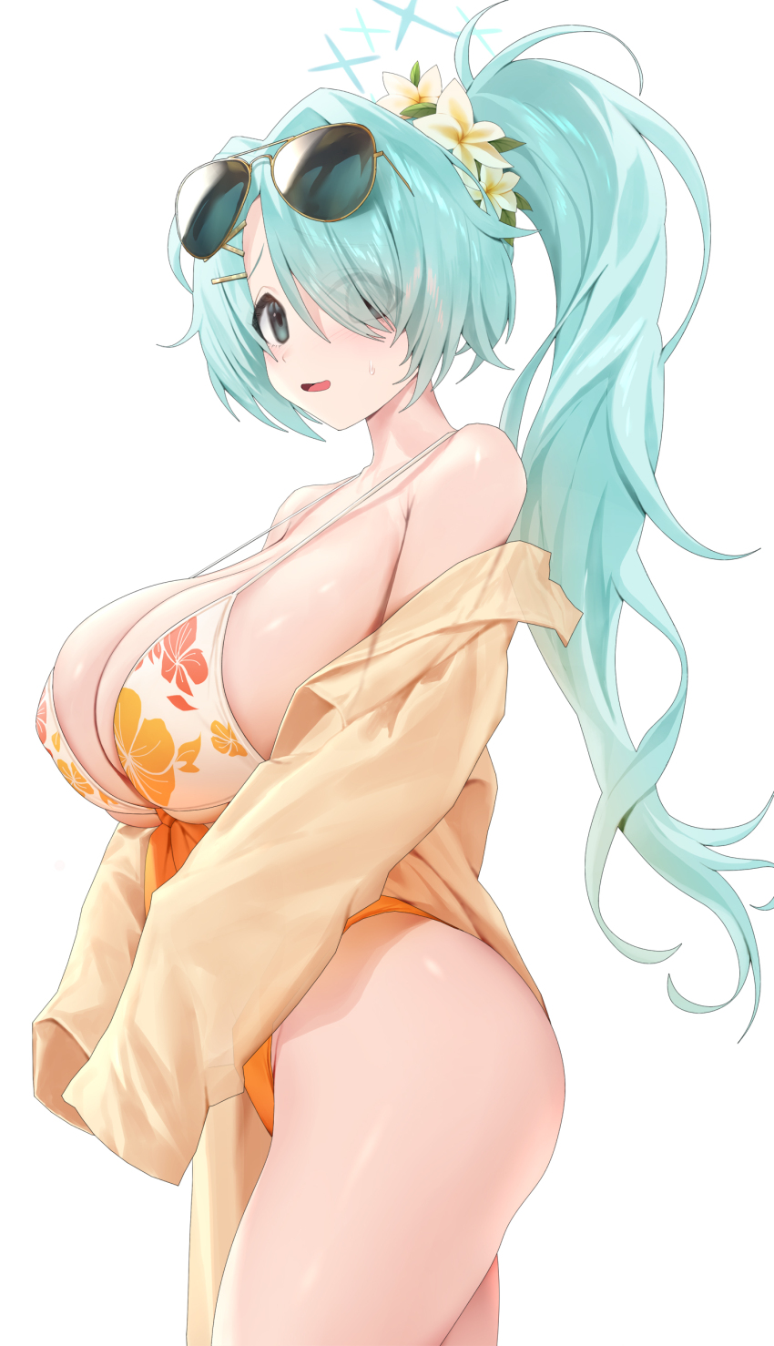 1girl absurdres aqua_eyes aqua_hair bare_shoulders bikini blue_archive blush breasts cleavage cowboy_shot eyewear_on_head floral_print_bikini flower hair_flower hair_ornament halo hashtag-only_commentary highres hiyori_(blue_archive) hiyori_(swimsuit)_(blue_archive) jacket large_breasts off_shoulder official_alternate_costume open_clothes open_jacket open_mouth orange_bikini ruhee side_ponytail simple_background sleeves_past_fingers sleeves_past_wrists solo sunglasses sweat swimsuit thighs white_background yellow_jacket