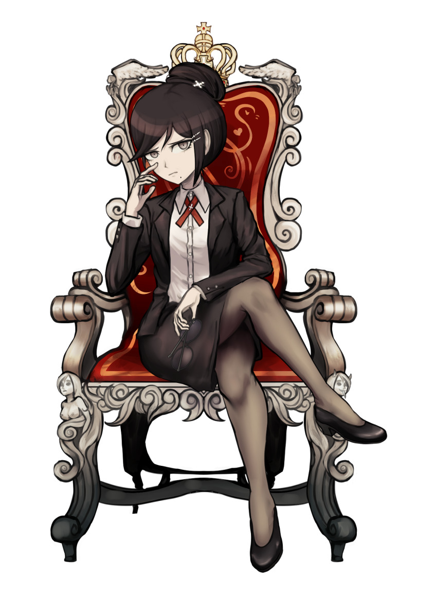 1girl black_jacket black_skirt chair closed_mouth collared_shirt commentary cross_tie crossed_legs crown danganronpa:_trigger_happy_havoc danganronpa_(series) dress_shirt formal_clothes fukawa_toko glasses highres holding holding_removed_eyewear jacket komatsuzaki_rui_(style) lily_(superkiiisa) long_sleeves mole mole_under_mouth necktie on_chair open_clothes open_jacket pantyhose red_necktie role_reversal round_eyewear shirt shoes sitting_on_throne skirt solo throne unworn_eyewear white_background white_shirt