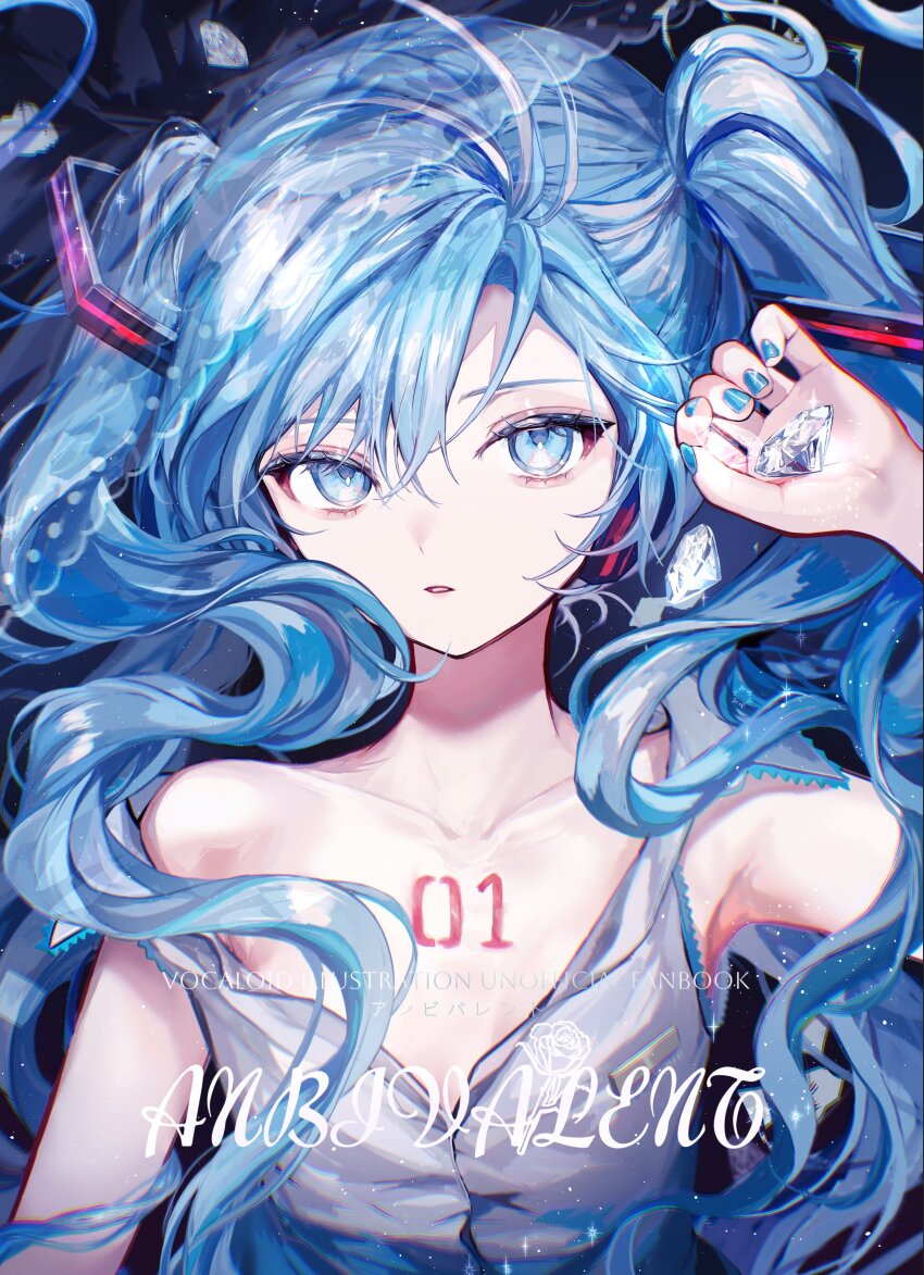 1girl absurdres aqua_eyes aqua_hair aqua_jacket aqua_nails bare_shoulders collarbone comiket_104 english_text gem hair_between_eyes hatsune_miku highres holding holding_gem jacket long_hair looking_at_viewer number_tattoo open_mouth pipi_(pipinavigation) solo tattoo twintails upper_body very_long_hair vocaloid