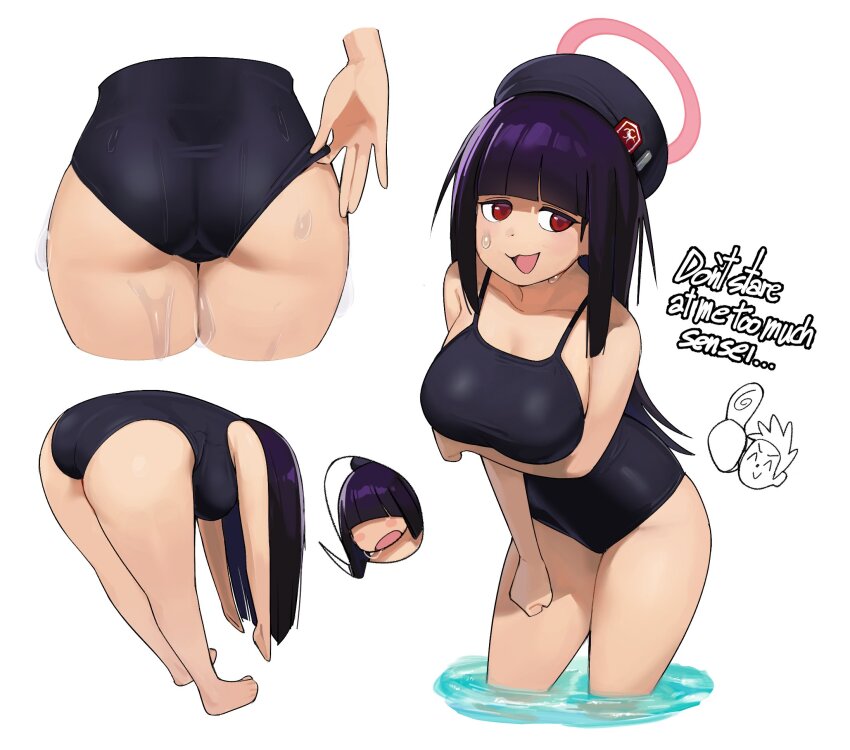 1girl adjusting_clothes adjusting_swimsuit arm_under_breasts ass bare_arms bent_over beret black_hair black_hat black_one-piece_swimsuit blue_archive blunt_bangs breasts doodle_sensei_(blue_archive) english_text halo hat highres justice_task_force_member_(blue_archive) large_breasts long_hair multiple_views one-piece_swimsuit open_mouth pink_halo red_eyes sensei_(blue_archive) snorkel14 standing swimsuit thumbs_up wading water wet white_background