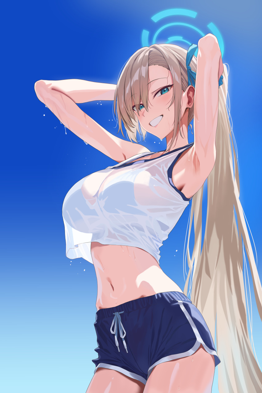 1girl absurdres armpits arms_behind_head arms_up asuna_(blue_archive) asymmetrical_bangs blonde_hair blue_archive blue_shorts blush bra_visible_through_clothes breasts cropped_shirt dolphin_shorts halo hidis0086 highres large_breasts long_hair looking_at_viewer midriff navel outdoors ponytail shirt short_shorts shorts sleeveless sleeveless_shirt solo stomach sweat very_long_hair wet wet_clothes wet_shirt