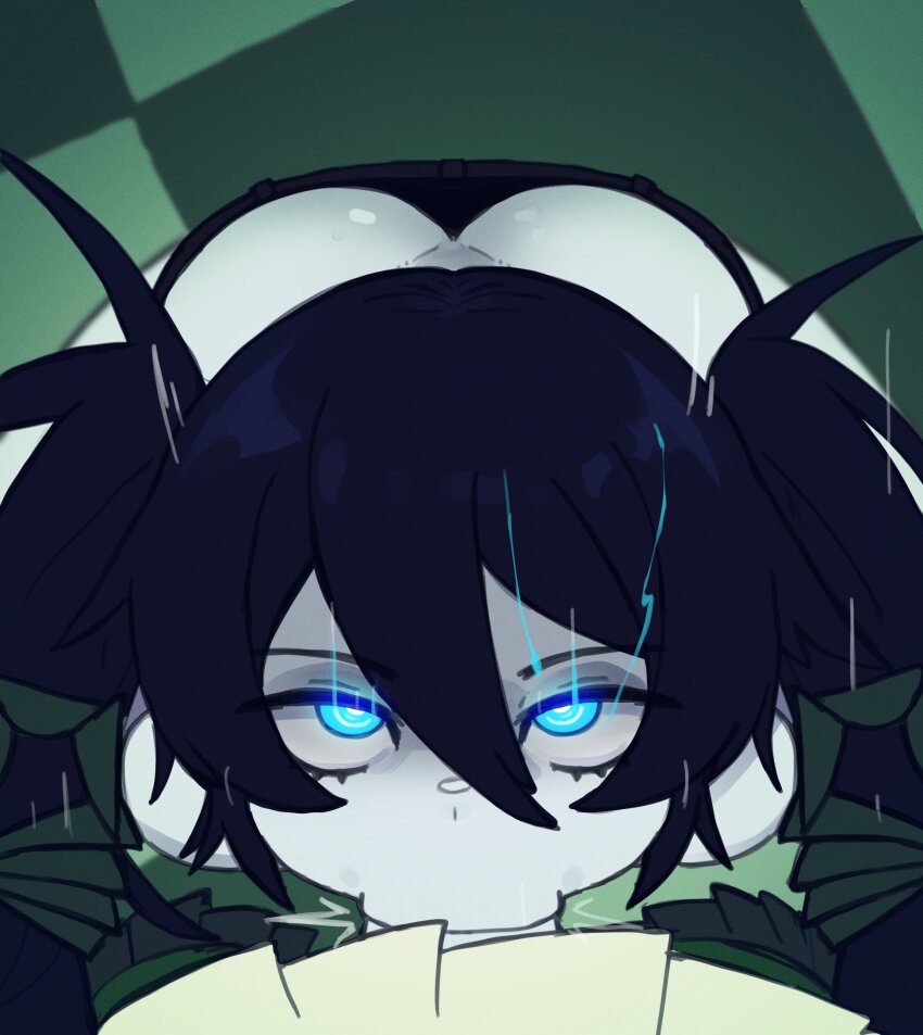 1futa 1girl ass ass_peek black_hair black_rock_shooter black_rock_shooter_(character) blue_eyes butt_crack claws colored_skin dead_master doce downpants fellatio futa_with_female futanari glowing glowing_eyes grabbing_another&#039;s_hair green_background hair_between_eyes highres looking_at_viewer oral penis pov skirt twintails white_skin