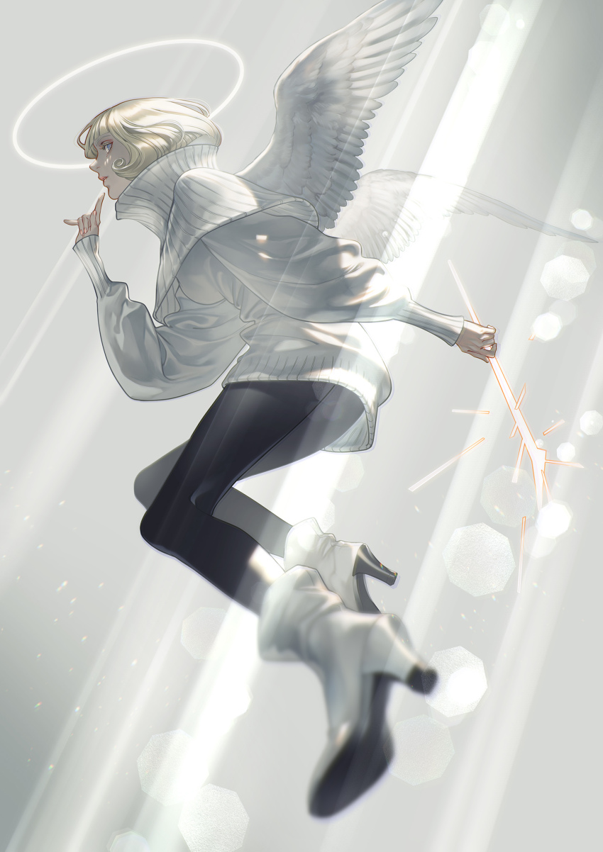 1girl angel angel_wings black_pantyhose blonde_hair halo high_heels highres jujutsu_kaisen kurusu_hana long_sleeves medium_hair pantyhose puffy_long_sleeves puffy_sleeves solo sweater turtleneck turtleneck_sweater w55674570w white_sweater wings