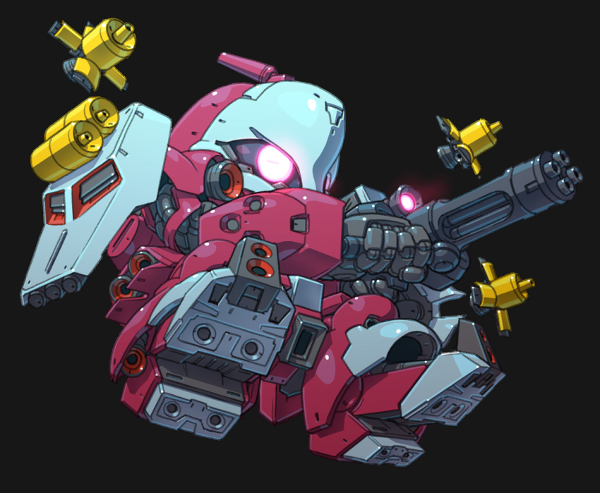 black_background char&#039;s_counterattack chibi funnels_(gundam) glowing glowing_eye gun gundam holding holding_gun holding_weapon jagd_doga_quess_custom looking_ahead mecha mobile_suit no_humans one-eyed pink_eyes robot susagane weapon