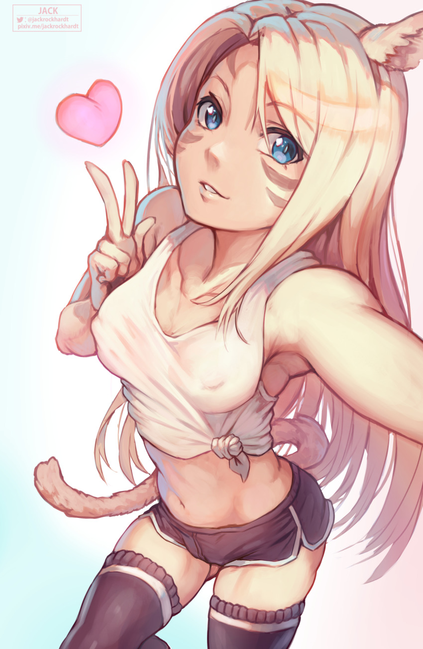 1girl animal_ears warrior_of_light_(ff14) black_shorts black_thighhighs blonde_hair blue_eyes breasts cat_ears cat_tail collarbone commentary covered_erect_nipples english_commentary facial_mark fictional_persona final_fantasy final_fantasy_xiv heart highres jack_rockhardt long_hair looking_at_viewer medium_breasts midriff miqo&#039;te navel selfie shirt short_shorts shorts sleeveless sleeveless_shirt solo tail thighhighs thighs tied_shirt v white_shirt