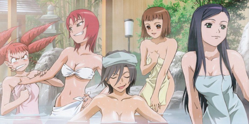 00s 5girls akane_soir angry bare_shoulders bathing bikini black_hair blush breasts brown_eyes brown_hair chie_hallard cleavage clenched_teeth closed_eyes covering_privates drill_hair flat_chest green_eyes grin hand_on_own_hip highres hip_focus impossible_towel juliet_nao_zhang kuga_natsuki long_hair megami_magazine morishita_hiromitsu multiple_girls my-otome naked_towel natsuki_kruger navel non-web_source nude_cover onsen pink_hair poster_(medium) quad_tails red_hair scan shiho_huit short_hair smile steam submerged swimsuit teeth towel towel_on_head underboob wading water wet yuuki_nao