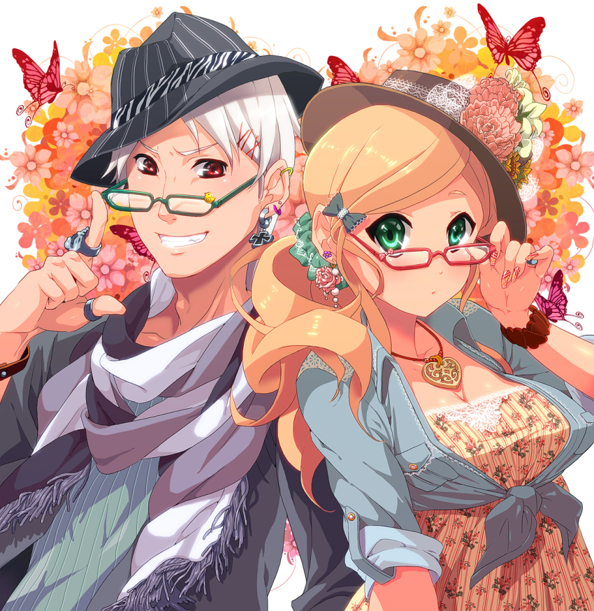 1boy 1girl axis_powers_hetalia bespectacled blonde_hair earrings fashion fedora fingernails floral_print flower glasses green_eyes hair_ornament hat highres hungary_(hetalia) jewelry keiko_rin prussia_(hetalia) red_eyes revision ring scrunchie sleeves_rolled_up white_hair wristband