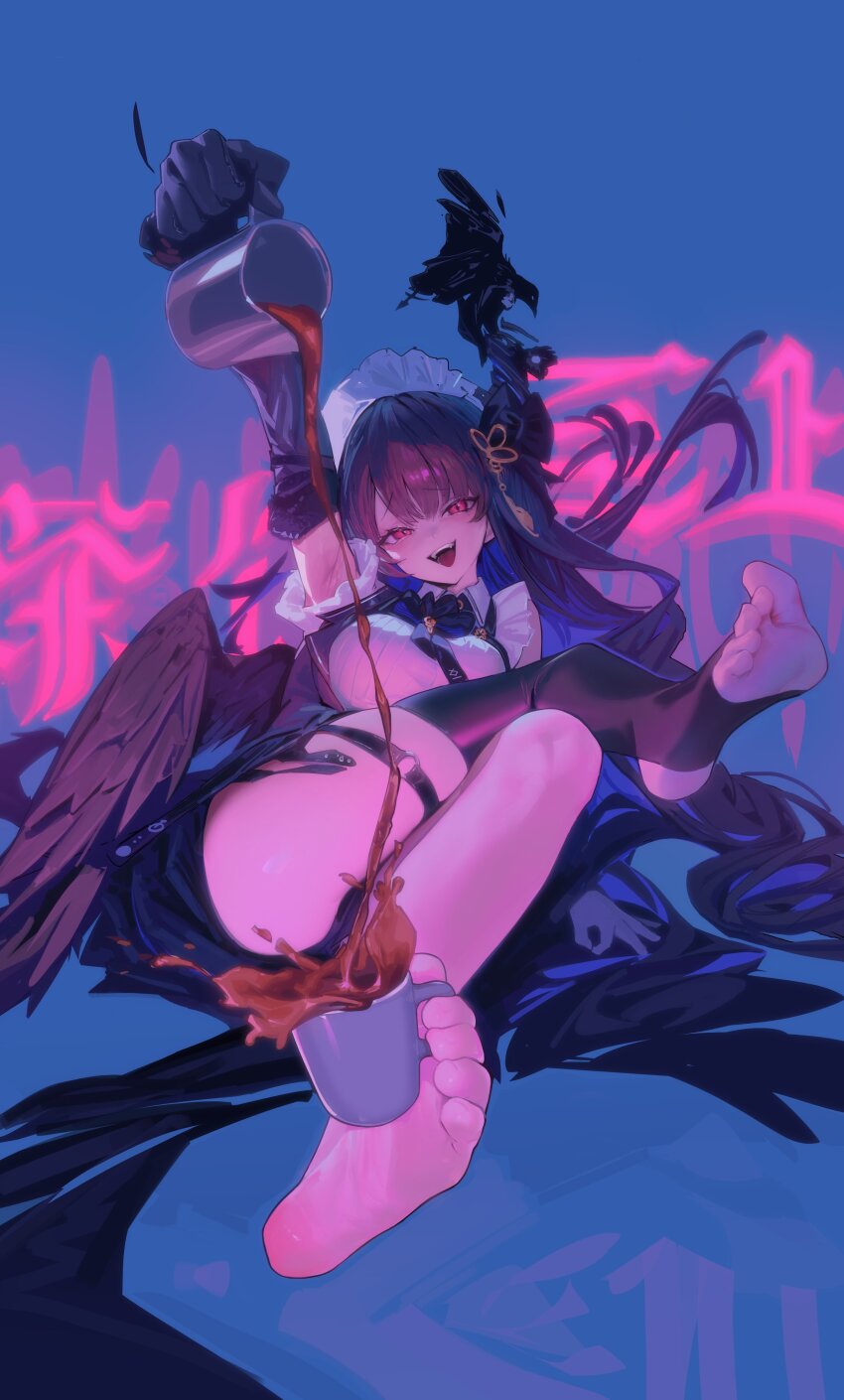 1girl absurdres armpits asymmetrical_horns bad_id bad_twitter_id between_toes black_gloves black_hair blue_background breasts coffee_mug cup dorsiflexion feet foot_focus gloves highres holding holding_cup holding_with_feet hololive hololive_english horns large_breasts long_hair looking_at_viewer low_wings maid_headdress mug nerissa_ravencroft nerissa_ravencroft_(1st_costume) old_metal_666 open_mouth pouring reclining red_eyes shadow_(nerissa_ravencroft) single_bare_foot single_thighhigh soles stirrup_legwear thigh_strap thighhighs toe_scrunch toeless_legwear toes uneven_horns virtual_youtuber wings