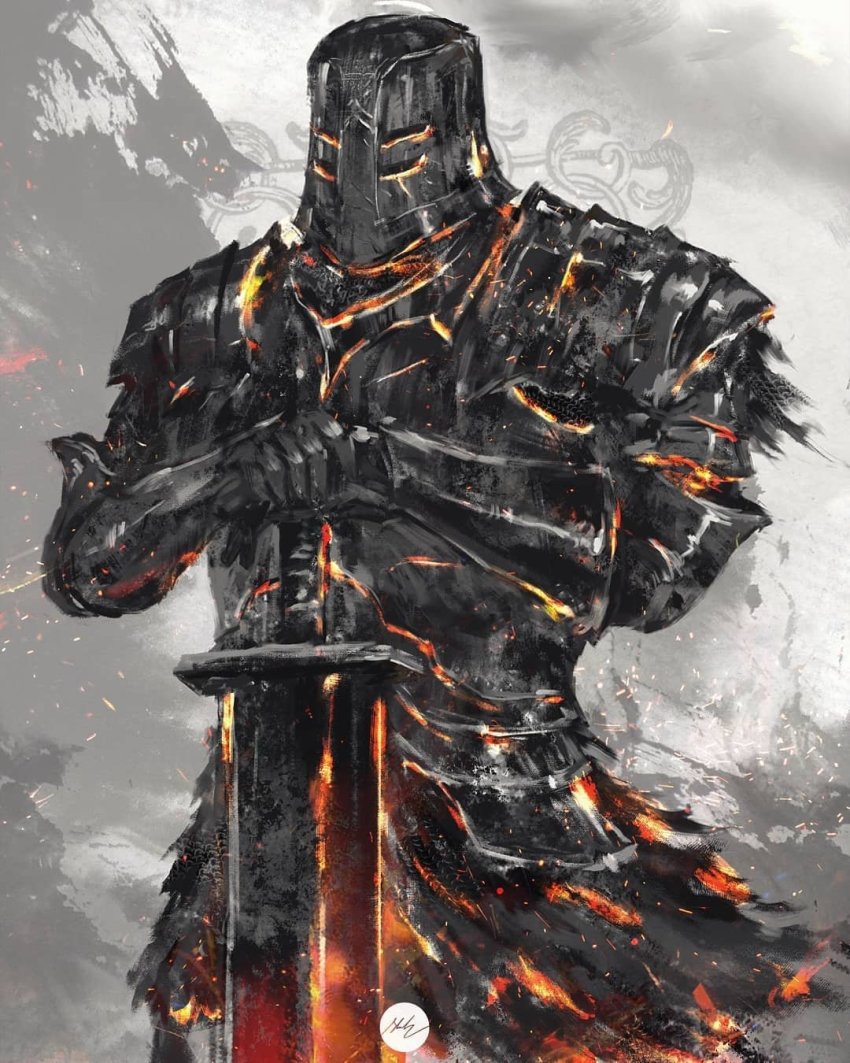 1boy armor breastplate commentary cowboy_shot dark_souls_(series) dark_souls_i english_commentary full_body gauntlets hands_on_hilt helmet highres iron_knight_tarkus male_focus pauldrons planted planted_sword planted_weapon shimhaq shoulder_armor solo standing sword weapon