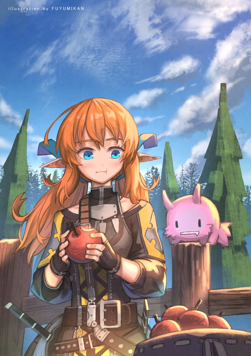 1girl :t apple artist_name belt blue_eyes cowboy_shot creature day eating english_text fence fingerless_gloves food food_bite fruit gloves highres long_hair nagi_itsuki orange_hair original pointy_ears sheath sheathed sky sword tree twintails weapon wood