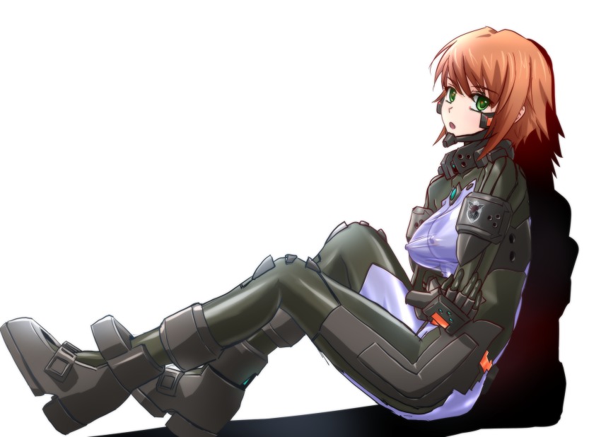 1girl anett_hosenfeld bodysuit boots breasts covered_erect_nipples crossed_arms emblem female_focus genya_(genya67) green_eyes highres large_breasts muv-luv muv-luv_alternative open_mouth pilot_suit red_hair schwarzesmarken shadow short_hair simple_background sitting sketch skin_tight solo