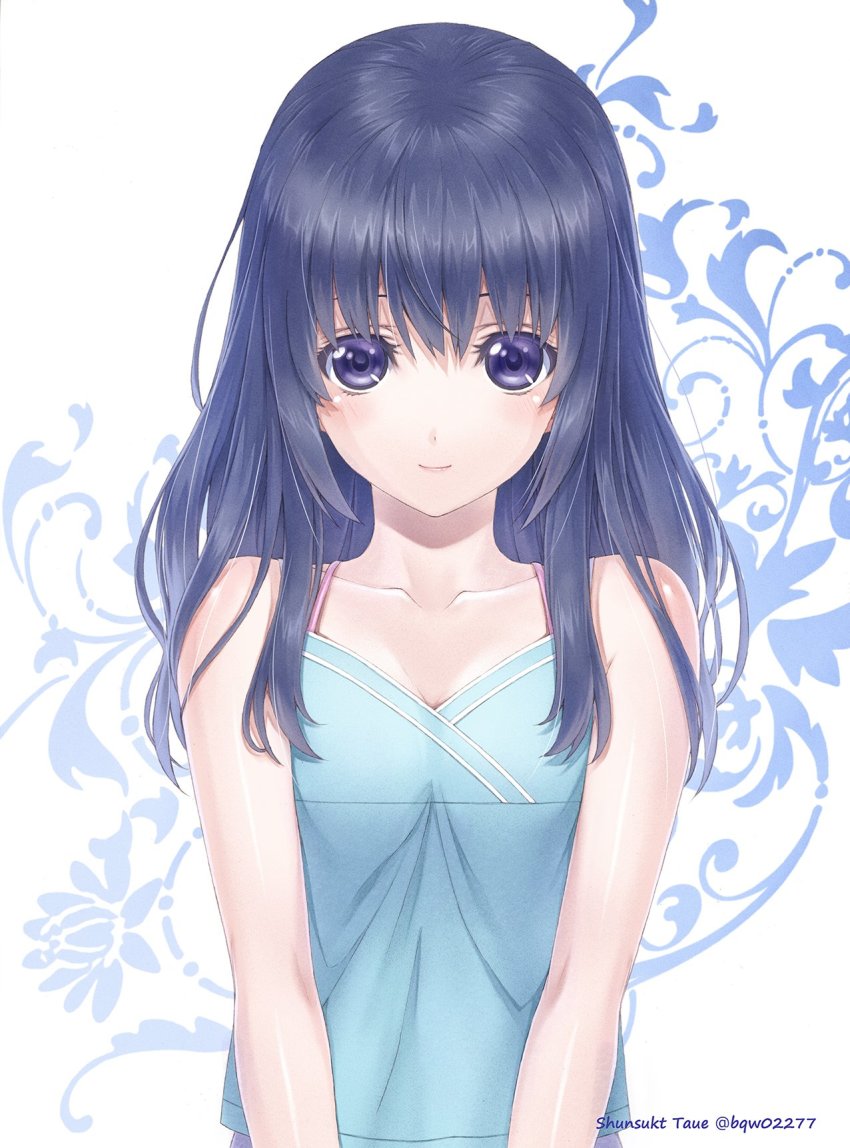 1girl artist_name black_hair blue_eyes blue_shirt breasts cleavage collarbone female_focus highres long_hair looking_at_viewer original shiny_skin shirt small_breasts smile solo standing taue_shunsuke upper_body white_background