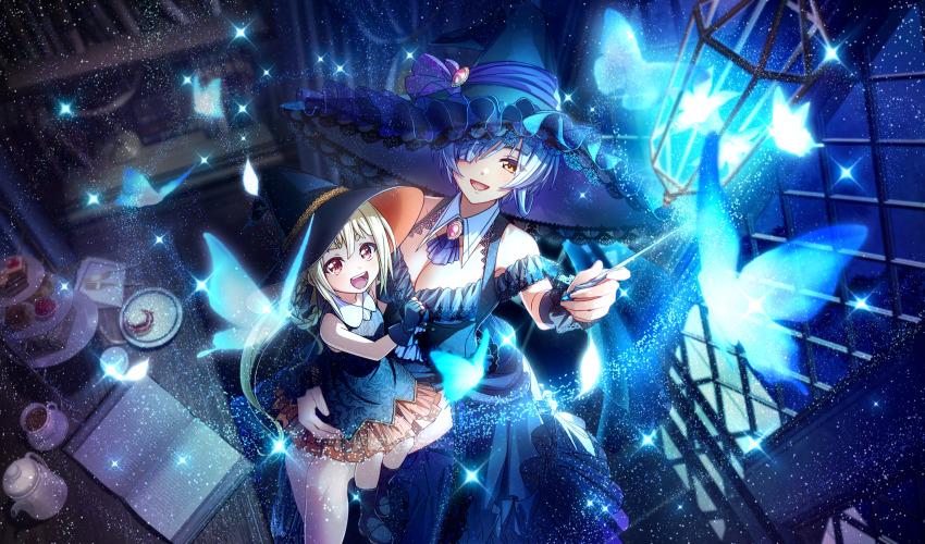 2girls :d aged_down aged_up asymmetrical_hair black_dress black_footwear black_hat blonde_hair blue_butterfly blue_hair book braid braided_hair_rings breasts bug butterfly cane cinderella_series cleavage collared_dress cup curtains detached_collar dress frilled_hat frills from_above game_cg hachigatsu_no_cinderella_nine hair_over_one_eye hair_rings hat hifumi_yuri highres holding holding_cane indoors insect light_particles looking_up multiple_girls night non-web_source off-shoulder_dress off_shoulder official_alternate_hairstyle official_art one_eye_covered open_mouth red_eyes saucer sleeveless sleeveless_dress smile sparkle teacup teeth toudou_taira upper_teeth_only window witch_hat yellow_eyes