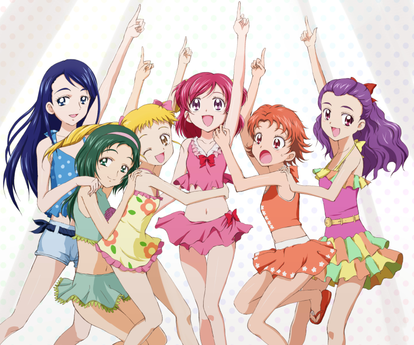 00s 6+girls :d :o akimoto_komachi arm_up bikini bikini_skirt blonde_hair blue_eyes blue_hair brown_eyes casual_one-piece_swimsuit flip-flops green_eyes green_hair hairband highres kasugano_urara_(yes!_precure_5) kinfuji long_hair midriff mimino_kurumi minazuki_karen multiple_girls natsuki_rin navel one-piece_swimsuit open_mouth pointing pointing_up polka_dot polka_dot_background precure purple_eyes purple_hair red_eyes red_hair sandals short_hair shorts smile swimsuit thigh_gap twintails two_side_up yes!_precure_5 yes!_precure_5_gogo! yumehara_nozomi