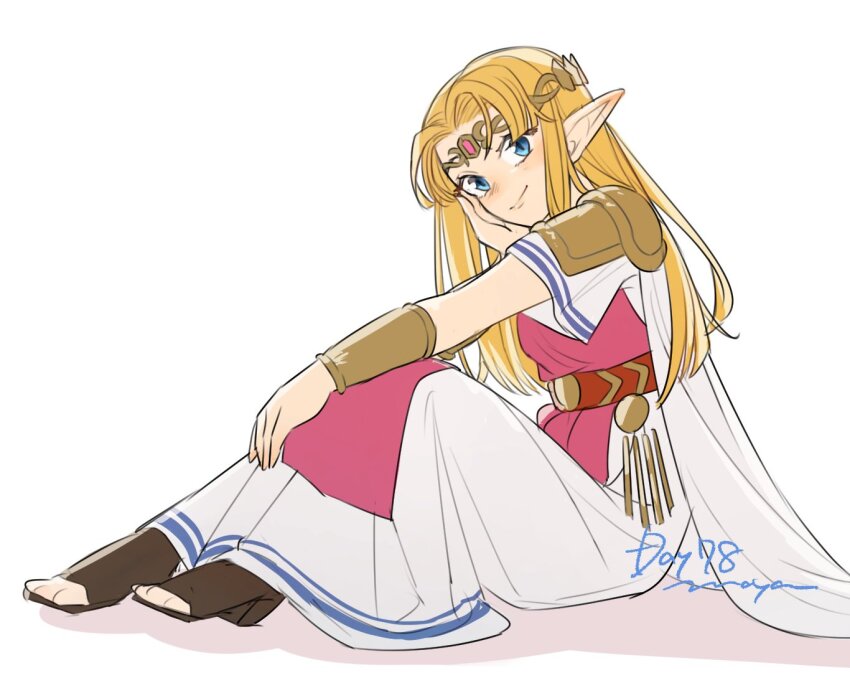 1girl armor artist_name belt blonde_hair blue_eyes bracer brown_footwear cape closed_mouth commentary_request dress from_side hand_on_leg hand_on_own_cheek hand_on_own_face looking_at_viewer maya_(mayamayammy) nintendo pink_dress pointy_ears princess princess_zelda shoulder_armor sitting smile solo the_legend_of_zelda the_legend_of_zelda:_a_link_between_worlds the_legend_of_zelda:_a_link_to_the_past tiara toeless_footwear two-tone_dress white_background white_cape white_dress