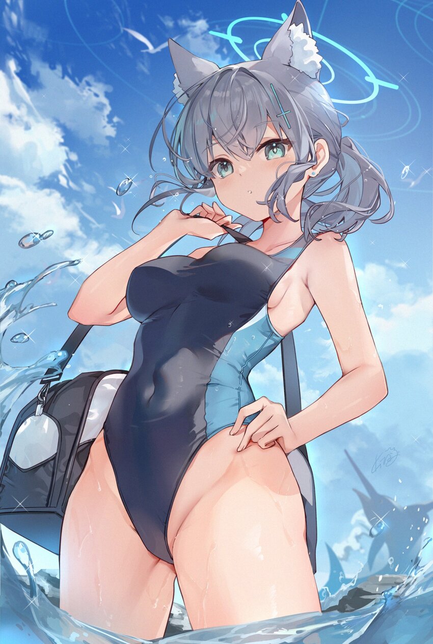 1girl animal_ear_fluff animal_ears black_one-piece_swimsuit blue_archive blue_eyes blue_halo blue_sky breasts bright_pupils cloud covered_navel day halo highres kita_(kitairoha) looking_at_viewer medium_breasts medium_hair mismatched_pupils official_alternate_costume one-piece_swimsuit outdoors partially_submerged shiroko_(blue_archive) shiroko_(swimsuit)_(blue_archive) sky solo swimsuit wet white_pupils