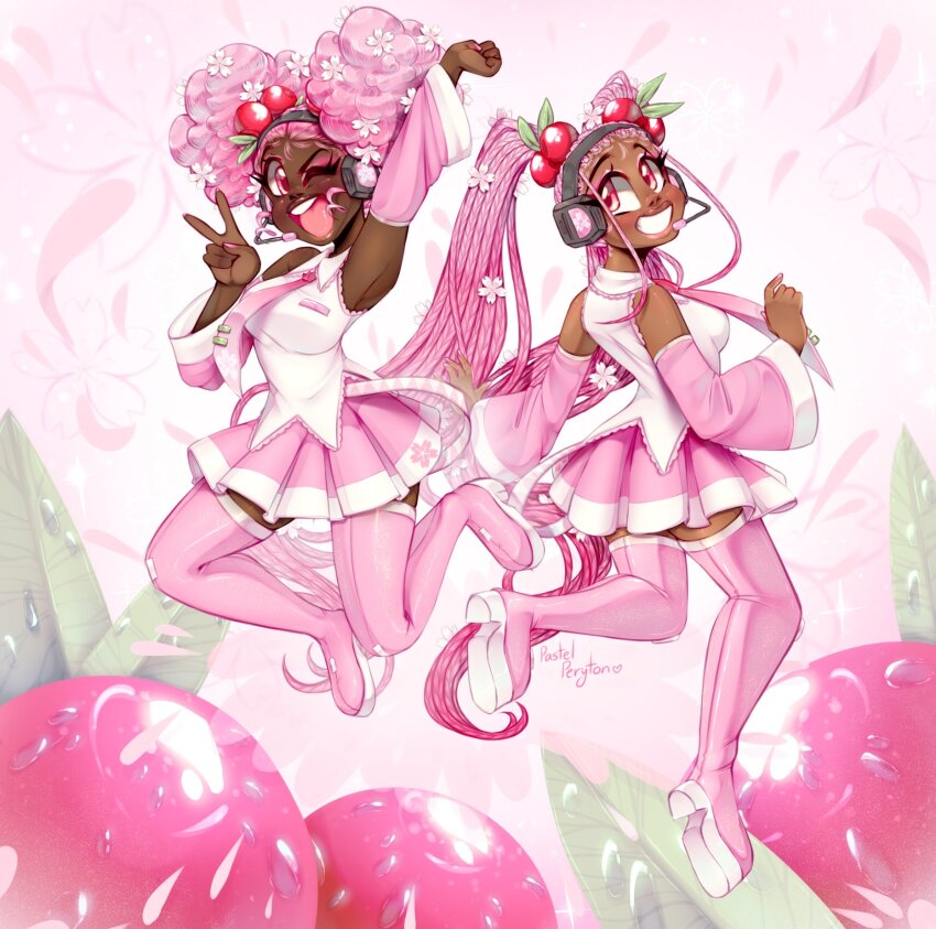 1girl afro alternate_hairstyle alternate_skin_color cherry_blossoms cherry_hair_ornament detached_sleeves dreadlocks dual_persona flower food food-themed_hair_ornament hair_ornament hatsune_miku highres long_hair looking_at_viewer necktie open_mouth pink_eyes pink_hair sakura_miku shirt skirt sleepyc0re sleeveless smile thighhighs twintails very_long_hair vocaloid