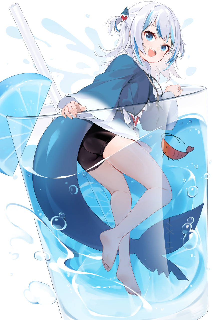 1girl :d absurdres ass bare_legs barefoot black_shorts blue_eyes blue_hair blue_shirt blue_tail bubble cup drinking_straw feet fins fish_tail full_body gawr_gura grey_hair hair_ornament highres hololive hololive_english in_container in_cup long_sleeves looking_at_viewer multicolored_hair open_mouth sankyaku_tako shark_tail sharp_teeth shirt short_shorts shorts smile soles solo tail teeth toes underwear variant_set virtual_youtuber water white_background wide_sleeves