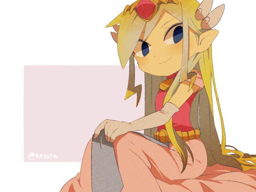 1girl artist_name back belt blonde_hair blue_eyes blush dress duplicate floating_hair gloves jewelry long_dress long_hair looking_at_viewer multicolored_hair necklace nintendo pink_dress princess_zelda sitting solo the_legend_of_zelda the_legend_of_zelda:_spirit_tracks the_legend_of_zelda:_the_wind_waker tiara tokuura toon_zelda