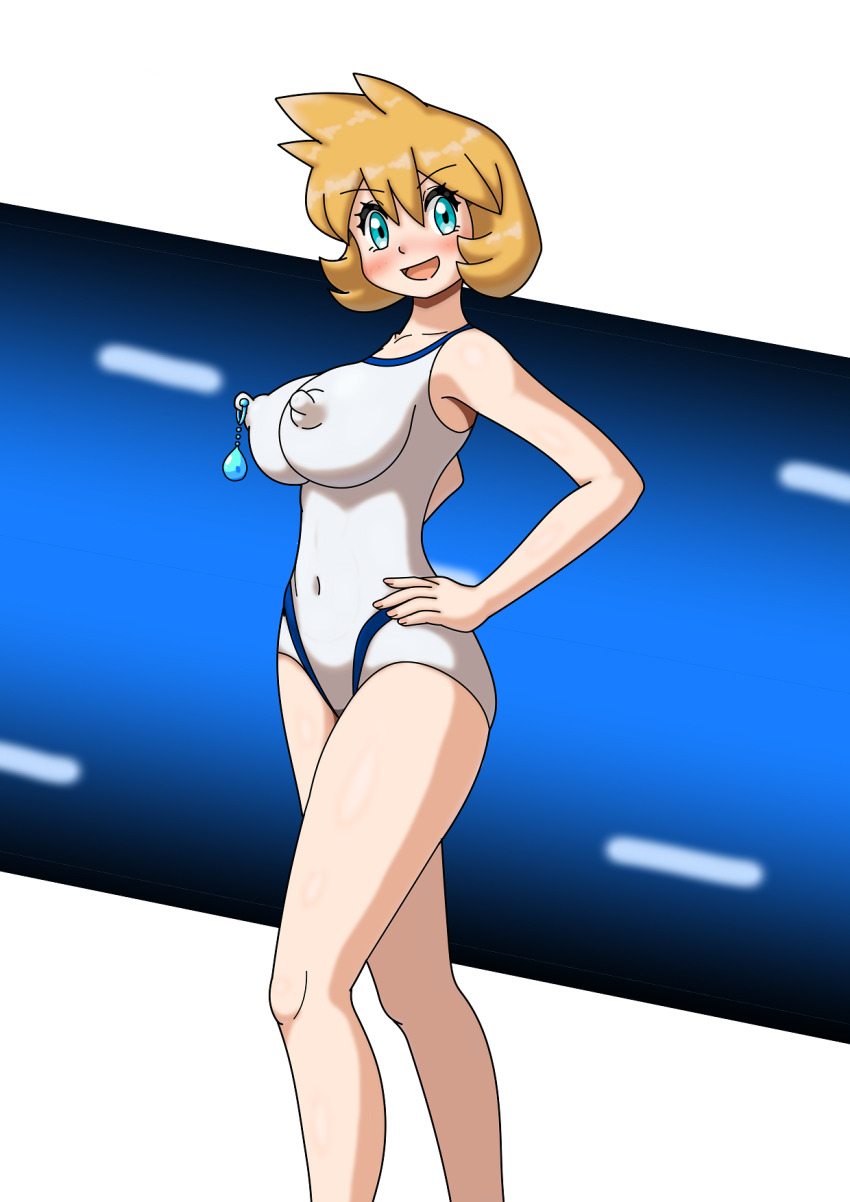 1girl :d alternate_breast_size aqua_eyes bare_arms blue_eyes blush breasts competition_swimsuit covered_erect_nipples covered_navel creatures_(company) eyelashes female_focus game_freak green_eyes gym_leader hair_between_eyes hand_on_own_hip highres impossible_clothes large_breasts legs looking_at_viewer misty_(pokemon) navel nintendo nipple_piercing nipples one-piece_swimsuit open_mouth orange_hair piercing piercing_through_clothes pokemon pokemon_gsc pokemon_hgss shiny_skin short_hair smile solo standing swimsuit thighs tongue white_one-piece_swimsuit