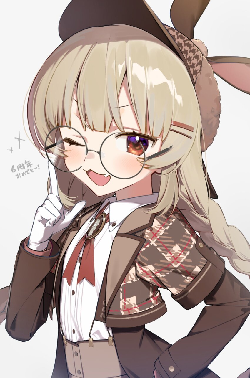 1girl ascot braid brown_hair brown_jacket buttons collared_shirt deerstalker detective dress_shirt fang flat_chest glasses gloves hair_ornament hairpin hand_on_own_hip hat highres index_finger_raised jacket lapels long_hair looking_at_viewer low_twin_braids nano_(nan0ng) natori_sana notched_lapels one_eye_closed red_eyes sana_channel shirt simple_background smile smug solo suspenders twin_braids upper_body v-shaped_eyebrows virtual_youtuber white_background