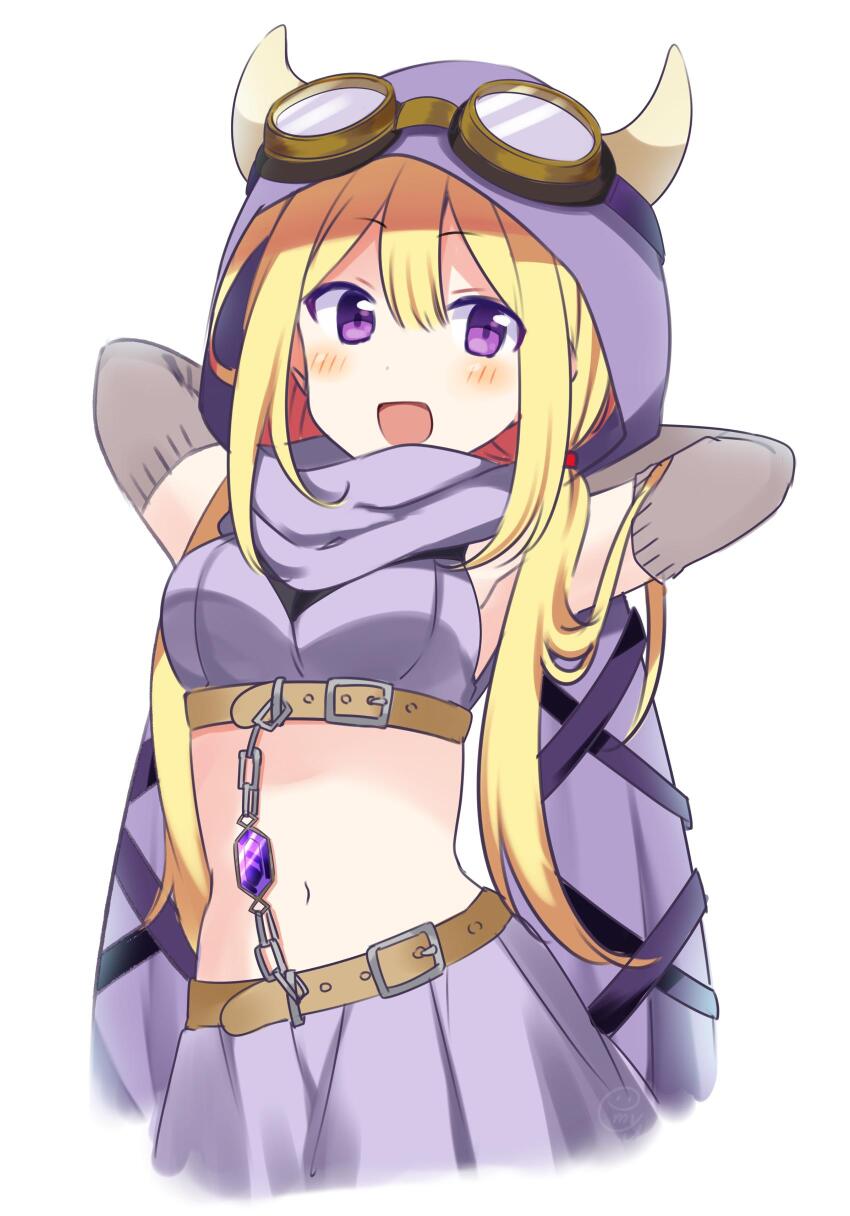 1girl :d absurdres arms_behind_head arms_up belt blonde_hair blunt_bangs breasts brown_belt chain commentary_request cowboy_shot crop_top cropped_legs fujishiro_emyu goggles goggles_on_headwear hair_between_eyes highres hood hood_up horned_hood horns long_hair looking_at_viewer magia_record:_mahou_shoujo_madoka_magica_gaiden magical_girl mahou_shoujo_madoka_magica medium_breasts mitsuki_felicia navel open_mouth purple_eyes purple_hood purple_scarf purple_shirt purple_skirt scarf shirt sidelocks simple_background skirt smile solo soul_gem standing twintails white_background