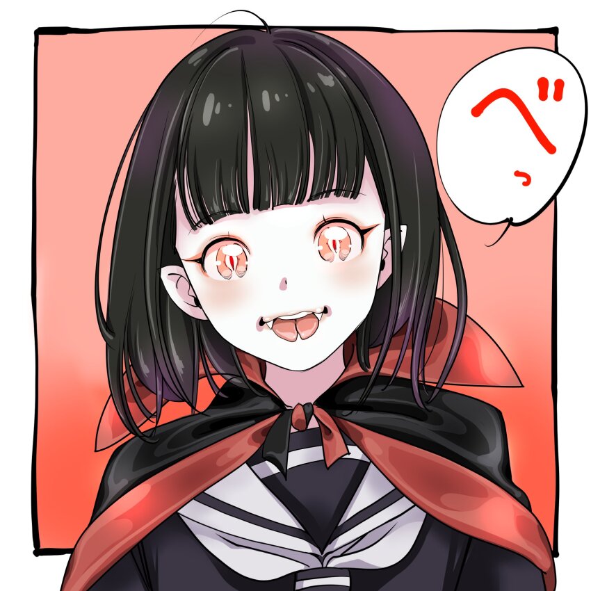 1girl black_hair black_serafuku cape commentary_request fangs forked_tongue highres looking_at_viewer open_mouth original pointy_ears red_eyes school_uniform serafuku short_hair smile solo teeth tongue tongue_out upper_body vampire yozora