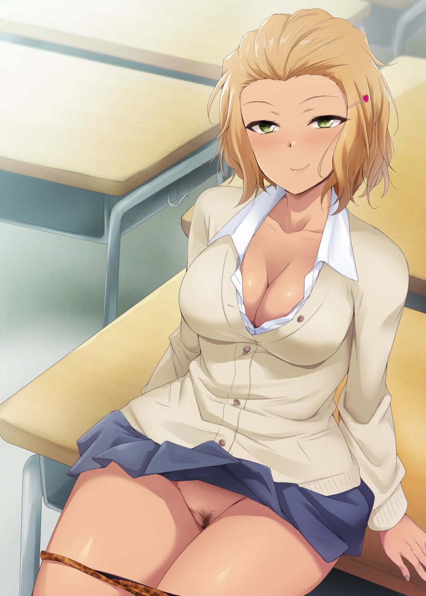 1girl blonde_hair breasts classroom gyaru highres kaiga panties school_uniform short_hair underwear undressing