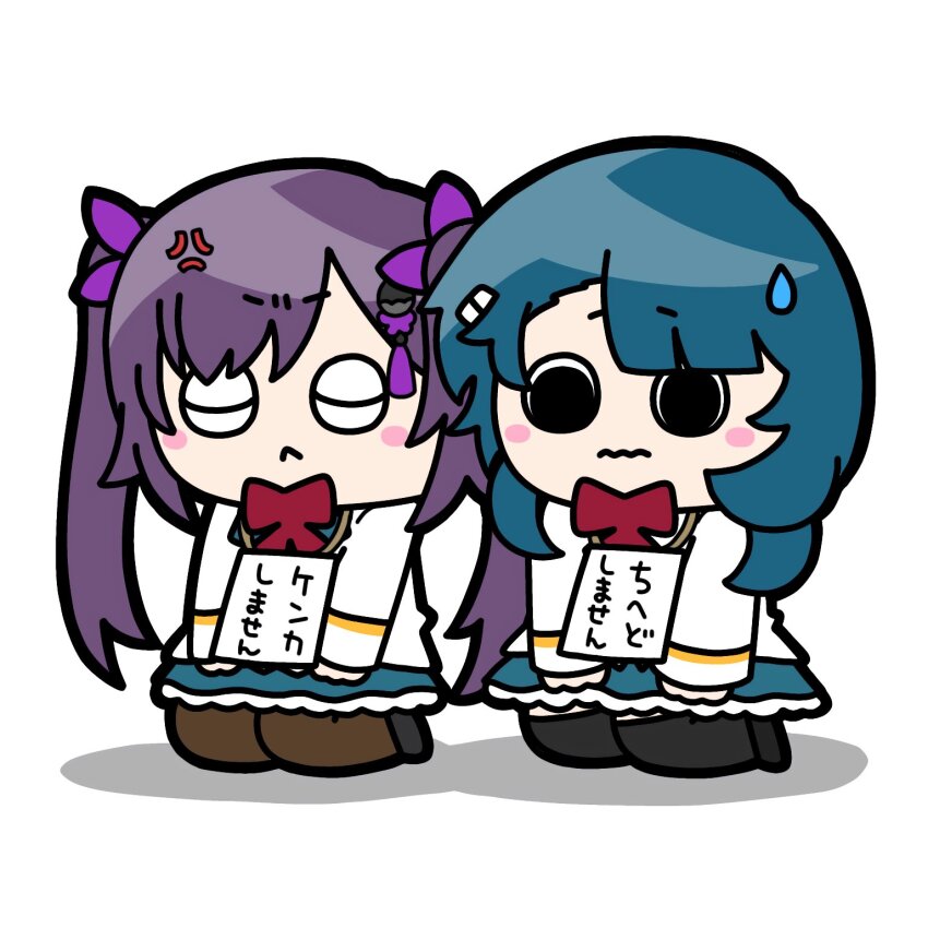 2girls :&lt; aizawa_kazuha anger_vein annoyed assault_lily black_footwear black_thighhighs blue_skirt blunt_bangs blush bow bowtie brown_pantyhose chibi closed_eyes closed_mouth commentary frilled_skirt frills full_body hair_ornament hair_ribbon hairclip hand_on_lap herensuge_girls_academy_school_uniform highres jacket konpeitoull_(c12h22o11_tr_6) long_hair long_sleeves looking_ahead looking_down matsumura_fuuka miniskirt multiple_girls pantyhose pet_shaming purple_hair purple_ribbon raised_eyebrows red_bow red_bowtie ribbon school_uniform seiza shoes side-by-side sign sign_around_neck simple_background sitting skirt solid_circle_pupils sweatdrop tassel tassel_hair_ornament thighhighs translated twintails v-shaped_eyebrows very_long_hair wavy_mouth white_background white_jacket