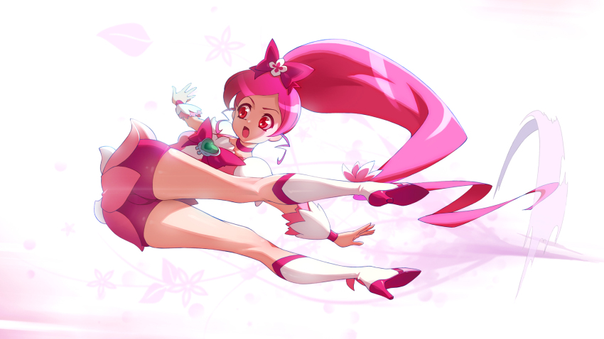 1girl ass bow brooch choker cure_blossom hair_bow hanasaki_tsubomi heart heart_brooch heartcatch_precure! high_heels highres hip_attack jewelry long_hair magical_girl nypdesu open_mouth pink_choker pink_hair pink_wrist_cuffs ponytail precure shorts solo thighs wrist_cuffs