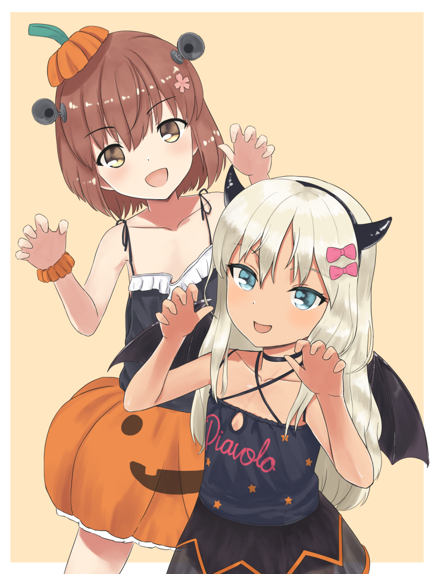 2girls black_camisole blonde_hair blue_eyes brown_eyes brown_hair camisole clothes_writing cosplay curled_fingers demon_horns demon_tail demon_wings fake_horns fake_wings grecale_(halloween_mode)_(kancolle) grecale_(kancolle) halloween_costume highres horns italian_text kantai_collection libeccio_(halloween_mode)_(kancolle) libeccio_(kancolle) libeccio_(kancolle)_(cosplay) long_hair looking_at_viewer multiple_girls orange_background orange_scrunchie pumpkin-shaped_pants pumpkin_hat pumpkin_shorts pumpkin_skirt scrunchie short_hair smile tail tan wings wrist_scrunchie yuki_4040 yukikaze_(kancolle)