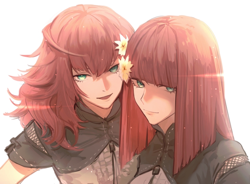 2girls black_capelet blunt_bangs capelet closed_mouth devola flower green_eyes hair_flower hair_ornament highres light_particles looking_at_viewer medium_hair multiple_girls nier:automata nier_(series) open_mouth popola portrait red_hair shirt shuangtang_shuimu siblings sisters straight_hair twins wavy_hair white_background white_shirt yellow_flower