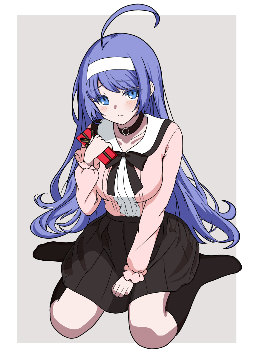 1girl ahoge alternate_costume blue_eyes blue_hair blush breasts choker gift hairband highres holding holding_gift huge_ahoge long_hair looking_at_viewer medium_breasts nishine2424 orie_ballardiae_harada skirt solo under_night_in-birth very_long_hair white_hairband